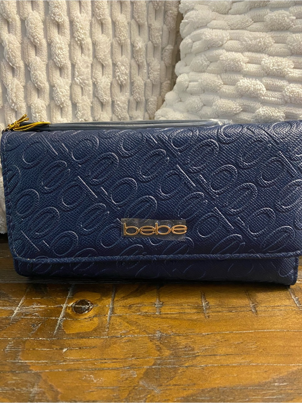 bebe Navy Quilted Logo Zip-Around Wallet with Gold Hardware